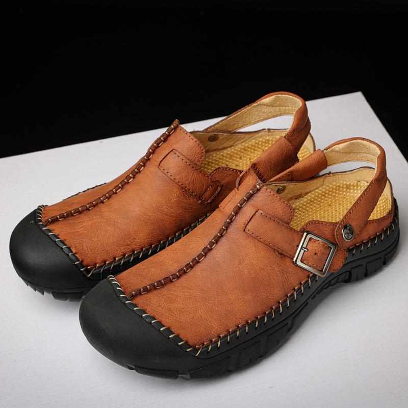 Fashion Outdoor Summer Men Sandals Handmade Leather Mens Casual Shoes Outdoor Men Wading Aqua Shoes Male Beach Shoes Simple Roman Flats