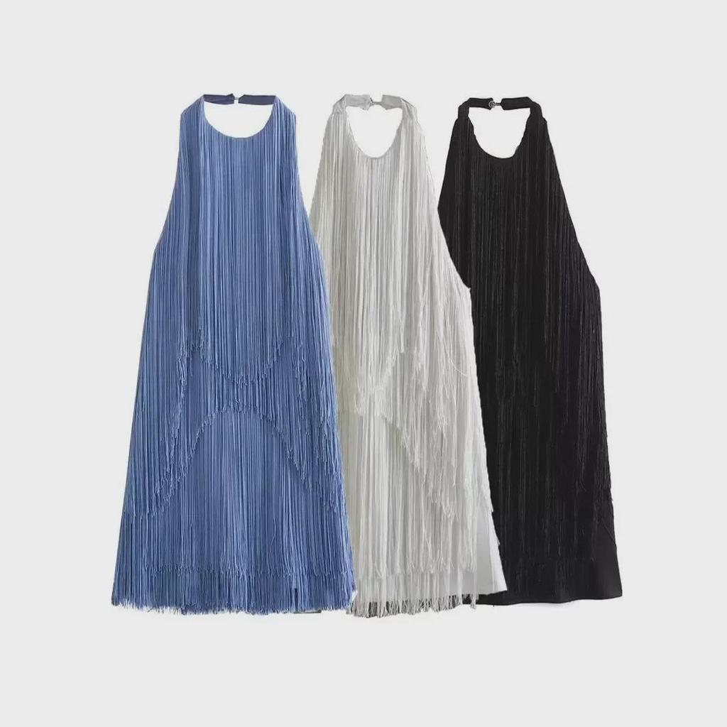 Evropské a americké dámské letní mini šaty bez rukávů s třásněmi a halter výstřihem