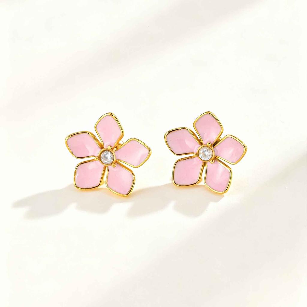 Bright Pink Lacquered Flower Texture Earrings,Stainless Steel Vintage Romantic Earrings,Daily Life Trendy Women Jewelry Gift