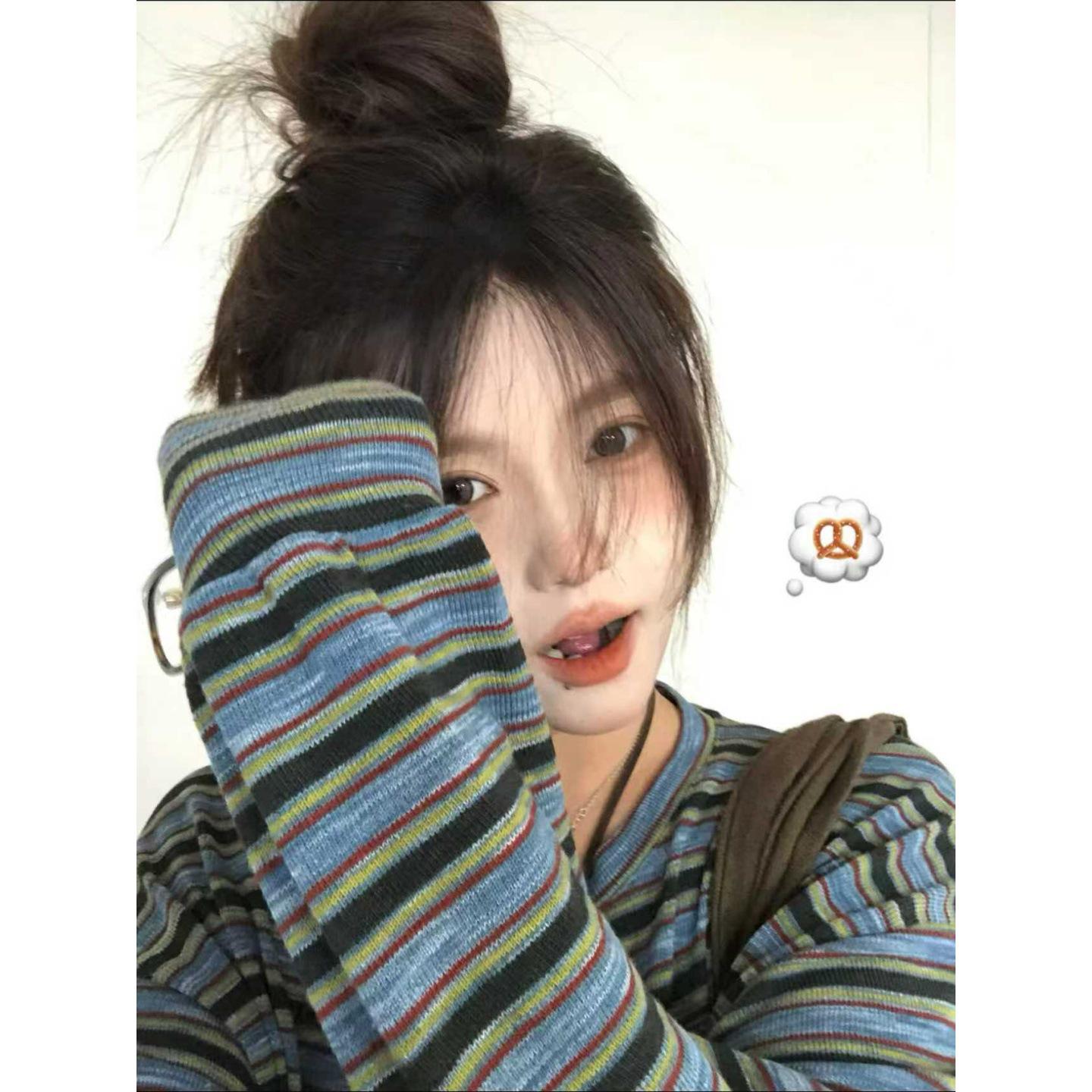 

Korean Striped Vintage Long Sleeve Women s Sweatshirt - Autumn Casual Crew Neck Loose Pullover Small