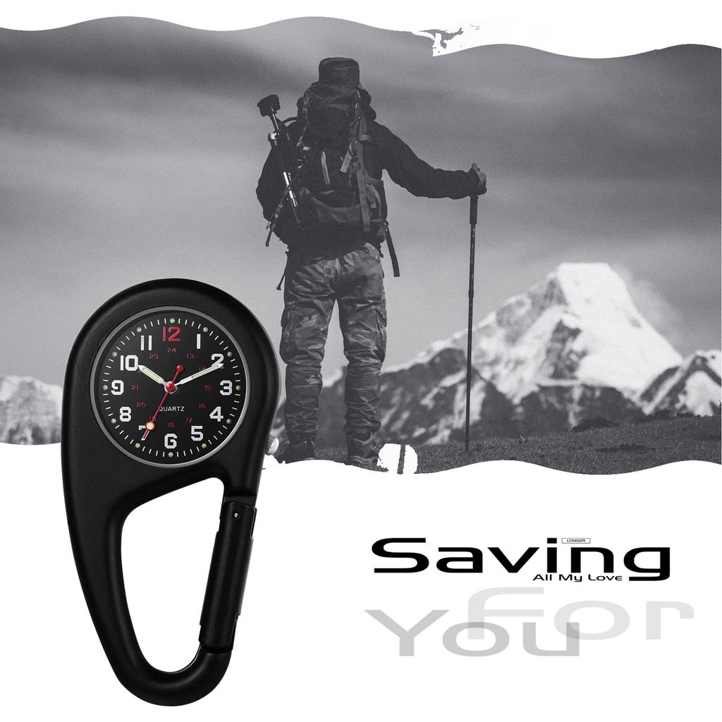 Carabiner Watch Clip Watch Keychain Carabiner Watch Waterproof Luminous Analog Display Pocket Watch Nurse Watch Black Sports Climbing Camping Outdoor