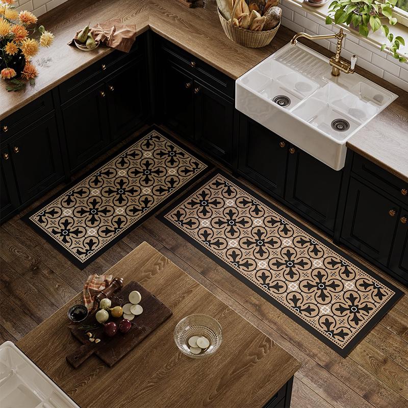Kitchen Floor Mat Waterproof Non-slip Wash-free Carpet PVC Leather Strip Rugs American Black and White Home Decoration Foot Mats