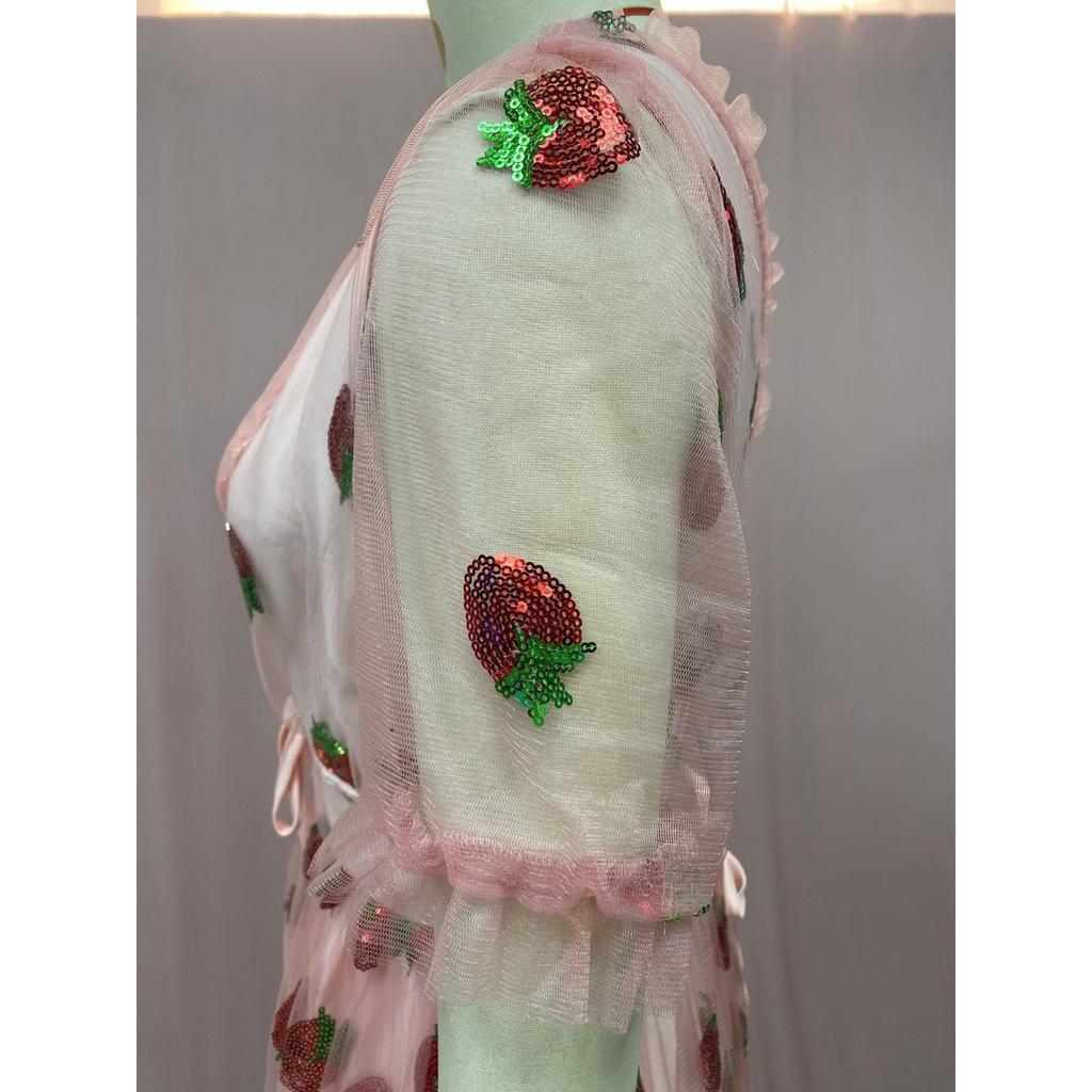 Damen Abendkleid mit Erdbeer-Pailletten-Verzierung, V-Ausschnitt Tüll Schnürung Langes Kleid, Elegantes Sexy A-Linien Ballkleid mit Fließendem Rock