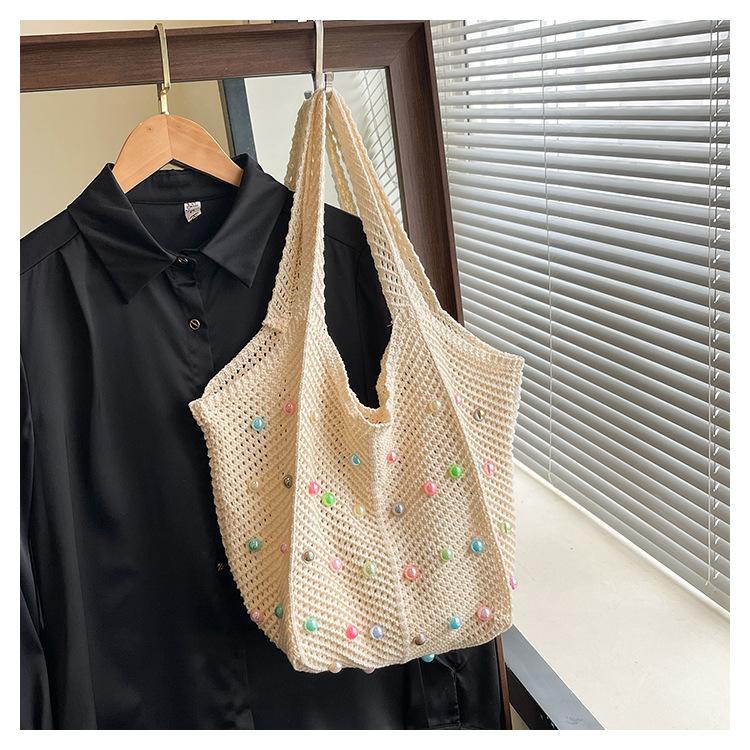 

2025 Цветная плетеная серия Bausen литературная и ручной вязки хлопковая нить большая вместимость ажурная сумка пляжная на плечо сумка-тоут белый