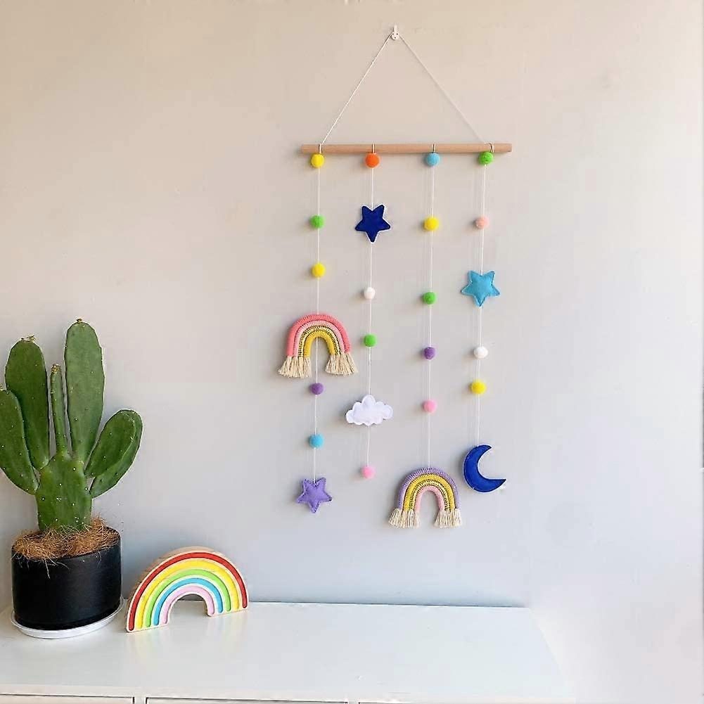 Macrame Rainbow Wall Hanging for Nursery Room,Rainbow Hanging Photo Display with Pom Pom Ball ,Wood