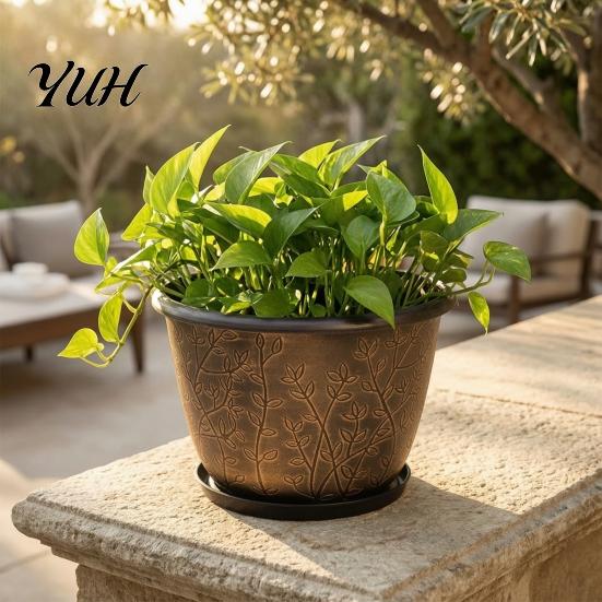 Large Plant Basin with Saucer 12 Inch Thickened Flower Pots for Outdoor Indoor, Plastic Leaf-Pattern Texture Weather Resistant Containers Planter