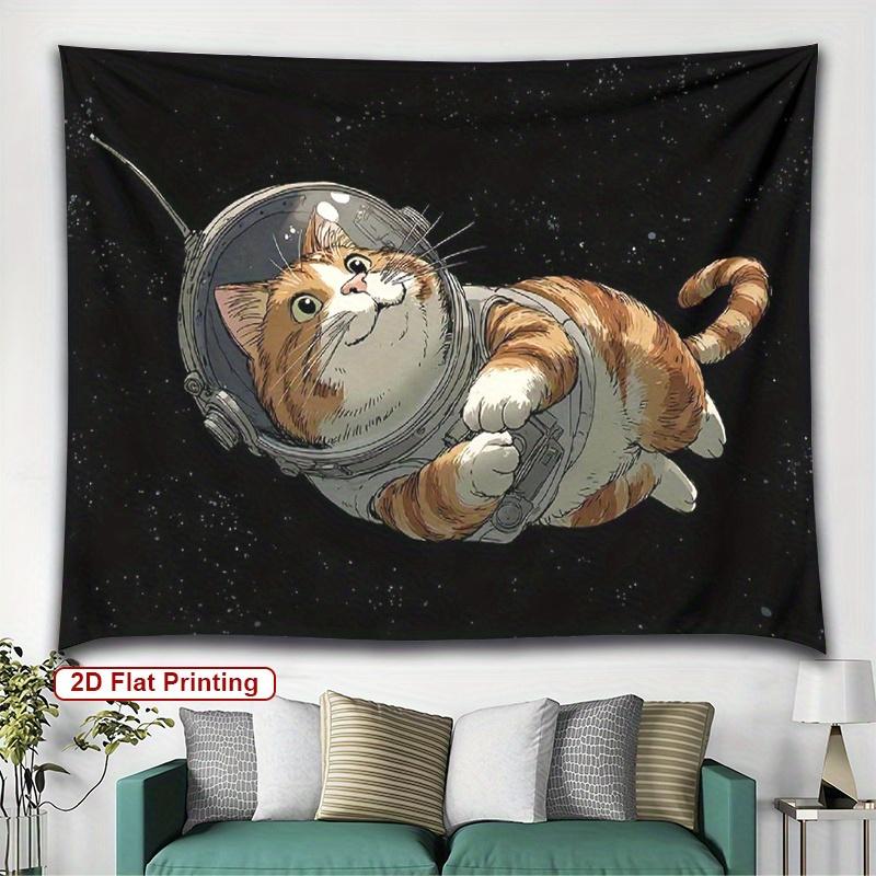 Astronaut Cat Tapestry Cute Ginger Tabby in Space Suit Floating Among Stars 2D Art Wall Hanging for Bedroom or Dorm Decor