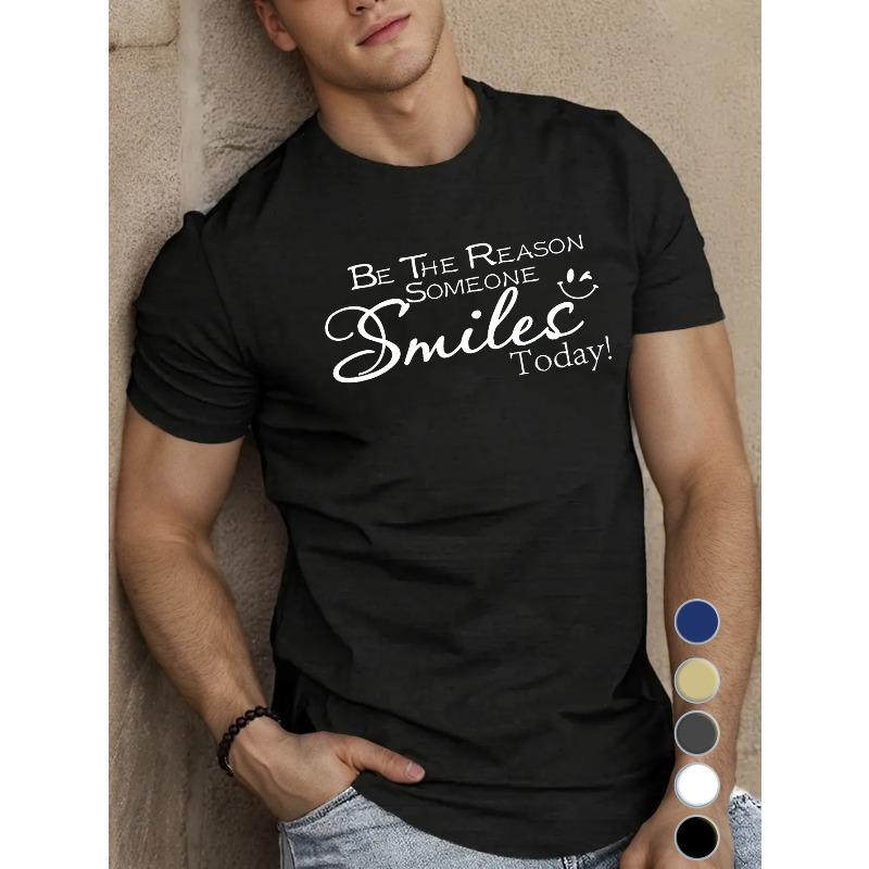 European Size Be the Reason Someone Smiles Today  Men s T-Shirt - Casual Short Sleeve, Breathable Cotton, Geometric Print, Round Neck S чёрный