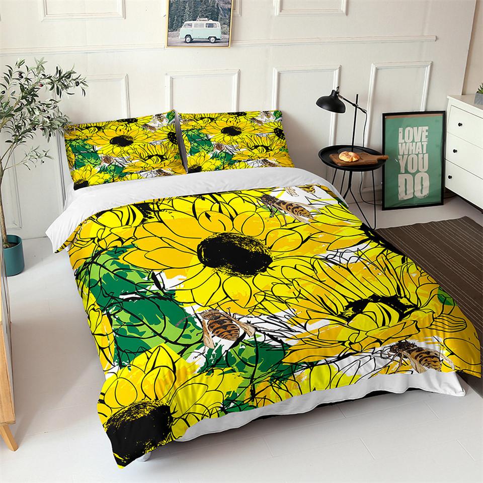 Sunflower Duvet Cover Set Yellow Flower Twin Bedding Set Polyester Black Gold Yellow Sunflowers Print Quilt Cover For Kids Teens