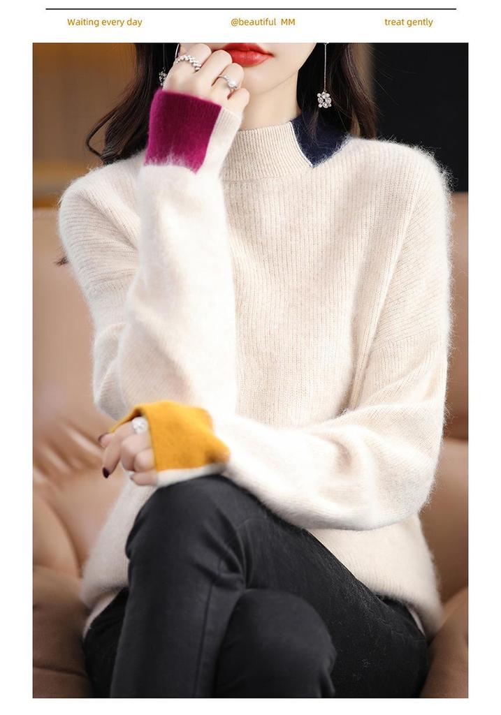 2024 Autumn/Winter Women's Color Block Mink Velvet Half-High Collar Sweater - Short, Loose, Thickened Wool Knit Base Layer.