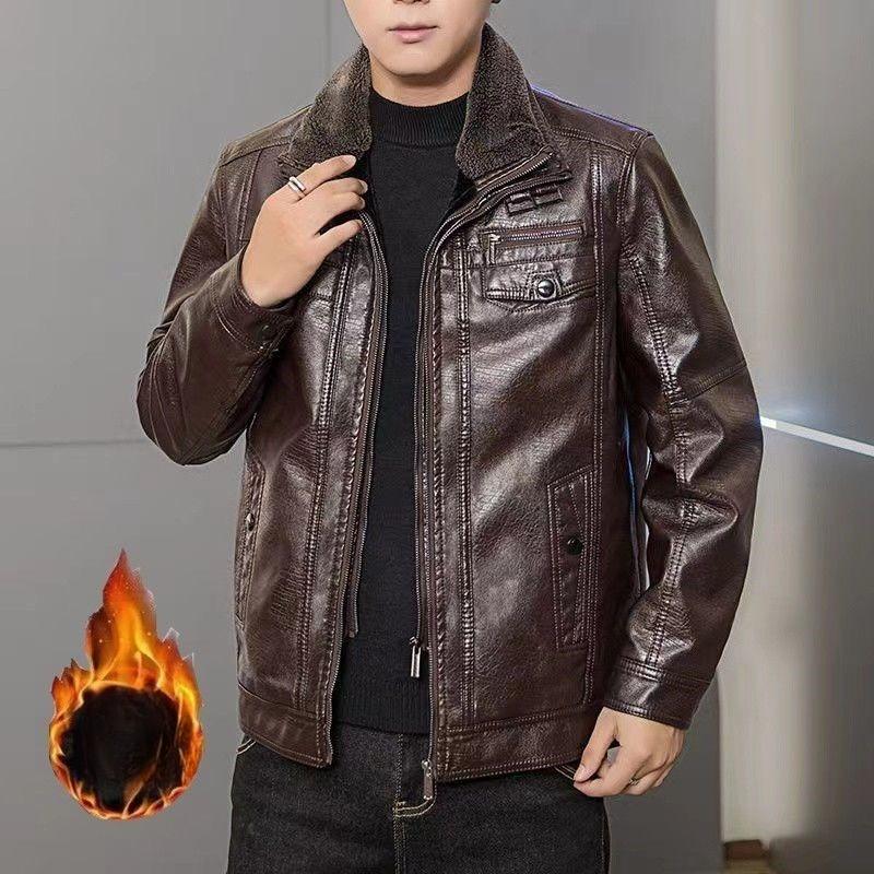 Winter Warm Leather Jacket for Men Fleece and Thickened Coat Casual Loose Warm Double-neck Top