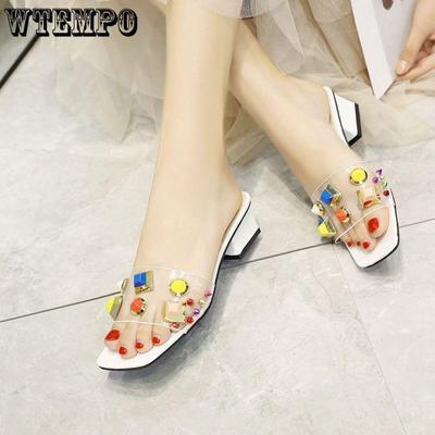 Women Middle Thick Heel Transparent Soft Face Sandals Ladies Colorful Diamond Rivet Slippers Anti-slip Soft-sole Comfortable Footwears