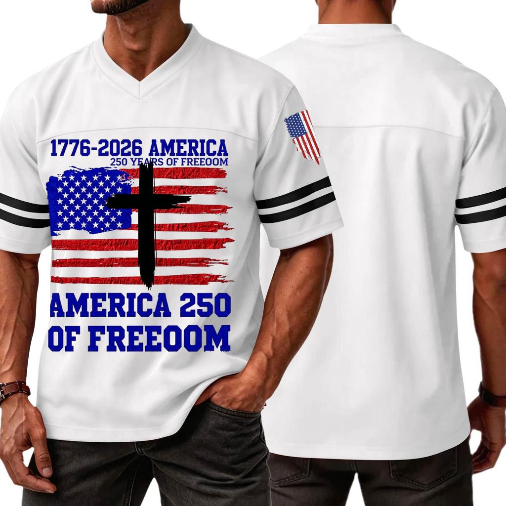 Men's V Neck Short Sleeve Sports T Shirt Casual Athletic Jersey with Independence Day Patriotic Print America 250 Freedom Graphic Tee