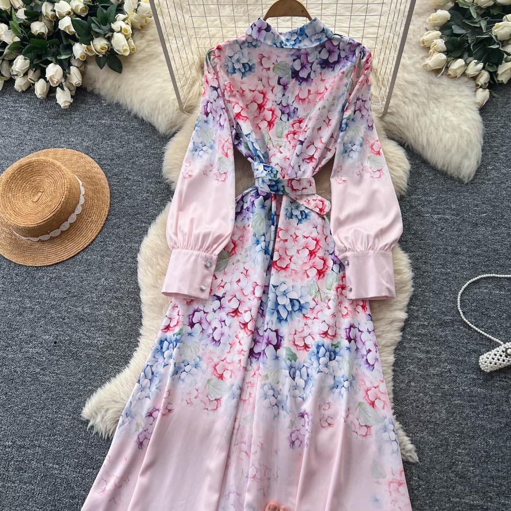 Vintage Style Color-Blocked Floral Print Turn Down Collar Shirt Dress for Women Spring 2026 Fashion Tie-Waist Single-Button Long Maxi Dress