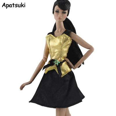 Vestido curto dourado preto da moda para boneca barbie roupas trajes vestido de festa para casa de boneca barbie 1/6 acessórios de boneca bjd brinquedo infantil