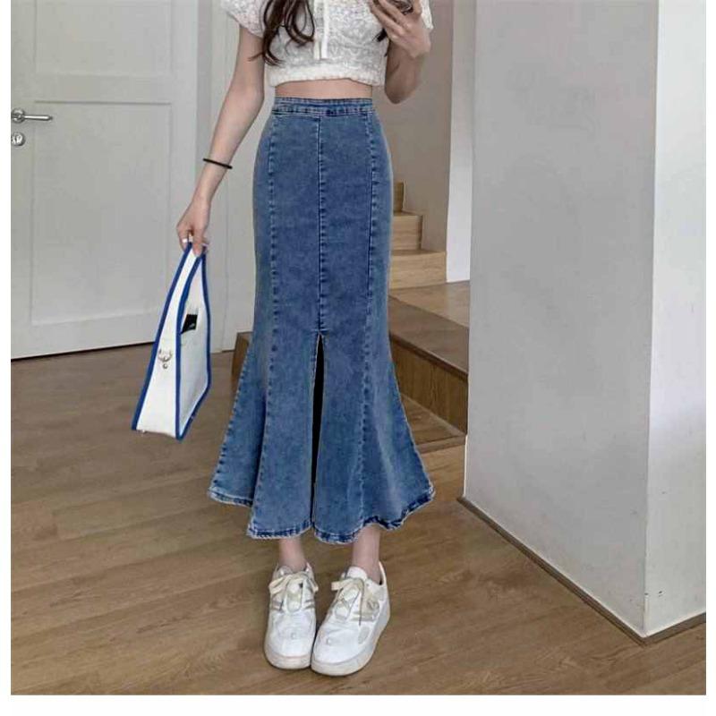 Women's High Waist Denim Mermaid Skirt Slit Flared Hem Mid-Length Casual Bottoms