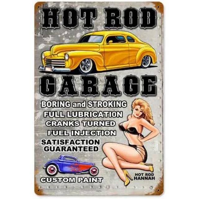 Vintage Pinup Girl Hot Street Rods Garage Full Service Route  Auto Mechanics Metal Tin Sign for Rural Wall Decor  Retro Poster P