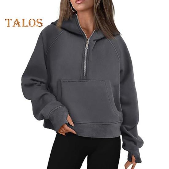 Hanorac cu glugă, toamnă, iarnă, buzunar cu jumătate de fermoar, mâneci lungi, lejer, gros, culoare pură, manșetă elastică, îmbrăcăminte de zi cu zi, top sport casual