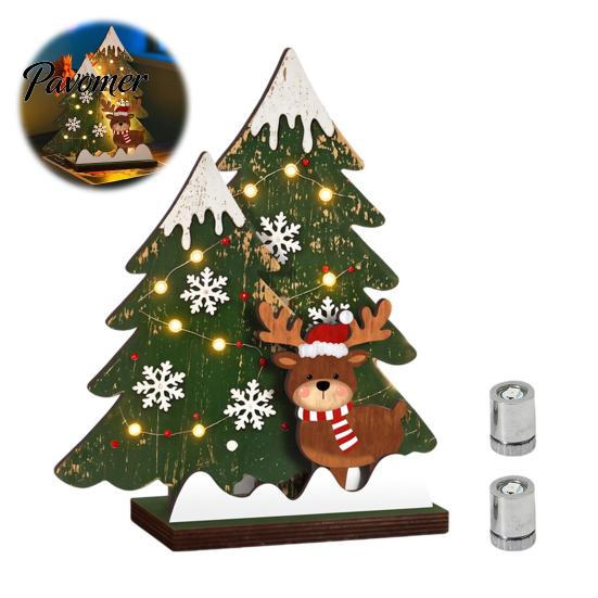 Mini Christmas Tree Wooden Table Decor with LED Light, Rustic Standing Sign Exquisite Wood Craft Reindeer Santa Claus for Holiday Tiered Tray,