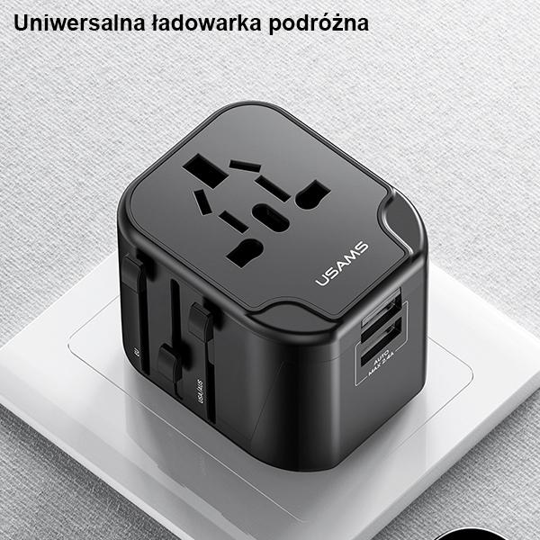 Usams Adapter Siec. 2Xusb T55 12W4W1 Us/Au/Eu/Uk Czarny/Black Cc173Tc01 (Us-Cc173) Univesal Travel Charger