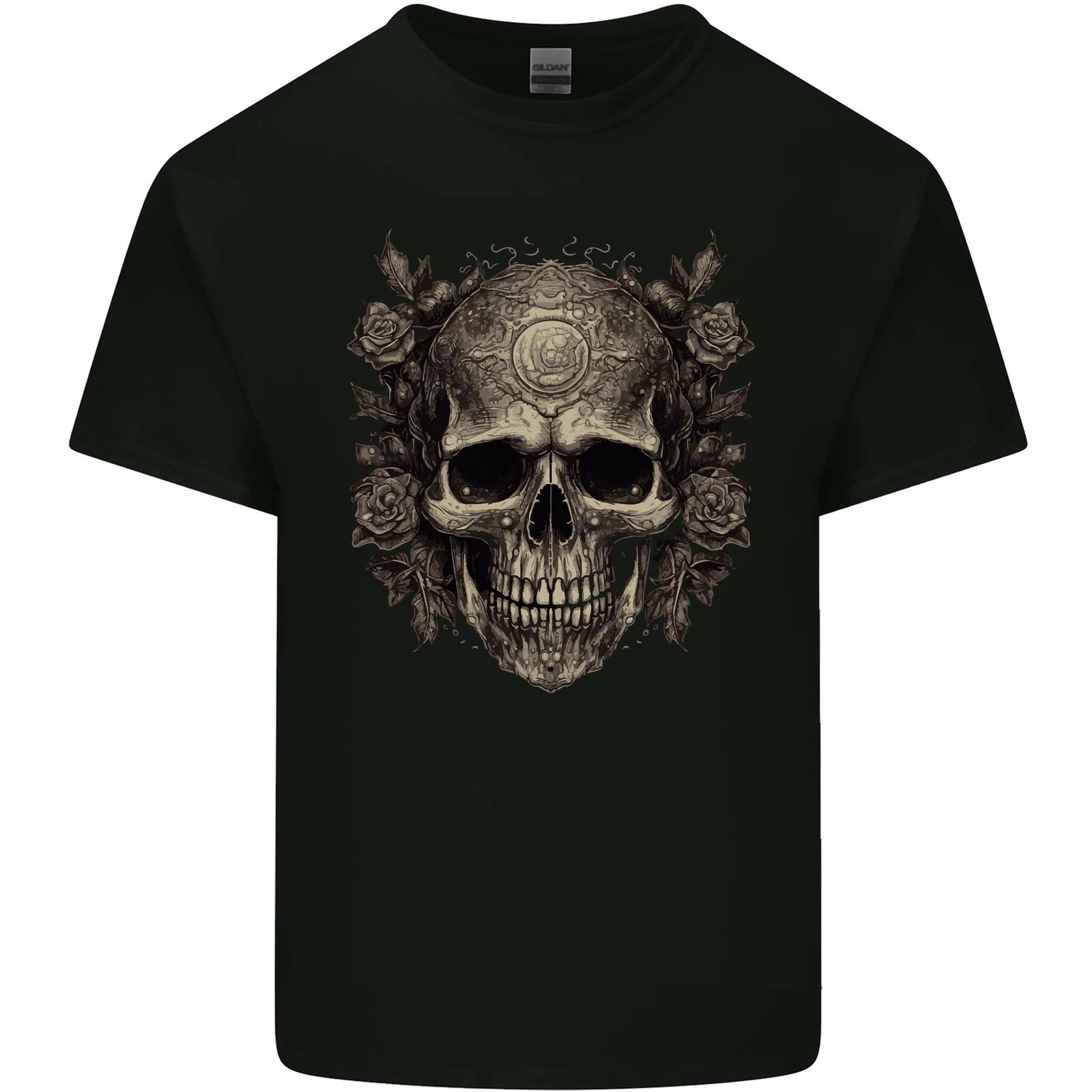 A Gothic Skull With Roses Kids T-Shirt Childrens M