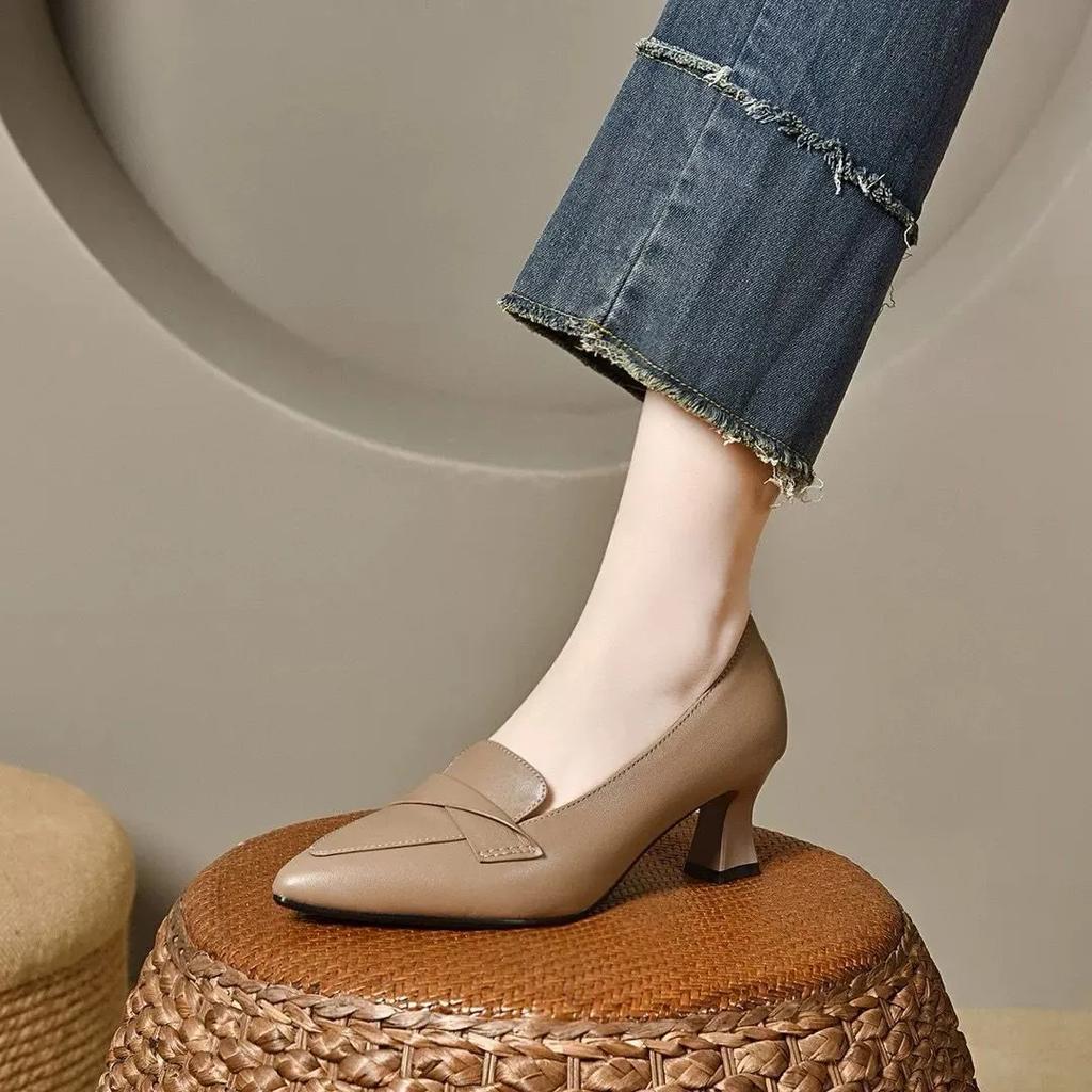 sapatos femininas women fashion light weight brown slip on leather high heel shoes lady ankle spring autumn shoe ab688