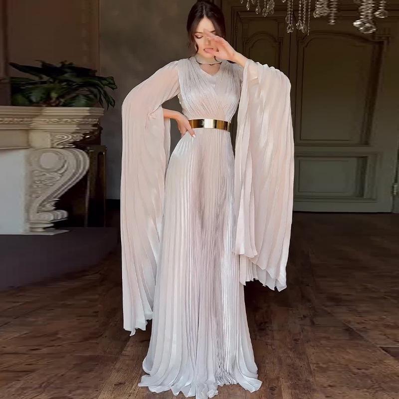 Rochie de seară elegantă cu decolteu în V, cu inserții de plasă, cu talie înaltă, toamnă 2024, pentru femei