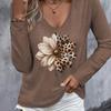 Spring and Autumn V-neck 3D Leopard Floral Printed T-shirts Fashionable Casual Long Sleeved Women's T-shirts