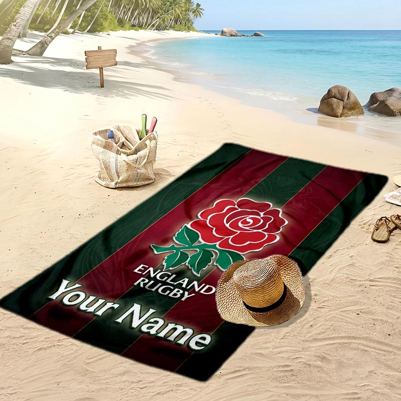 England Rugby Custom Beach Towel, Print Your Name Text Lightweight Absorbent Towel for Swimming Travel