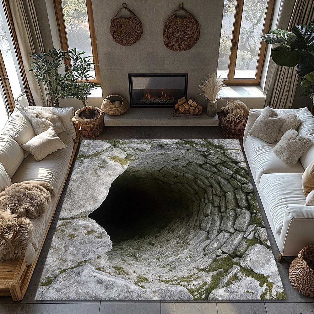 Optical Illusion Well Rug, Deep Pit Design Carpet for Lounge, Plush Non-Slip Mat with Realistic 3D Effect