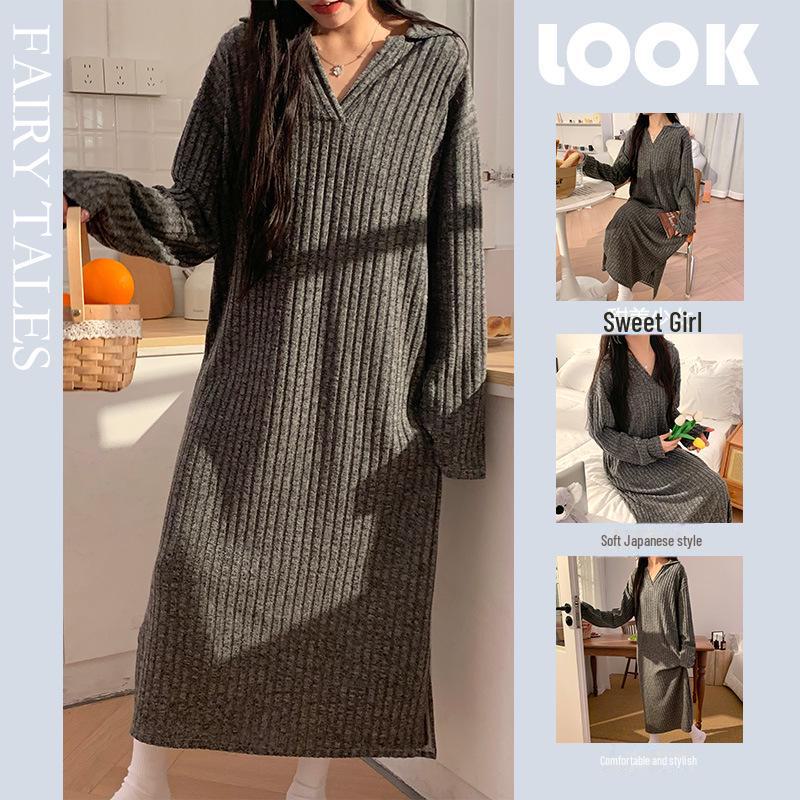 

Милая принцесса, фиолетовая ночная рубашка с V-образным вырезом: Вязаная пижама с длинным рукавом для осени и зимы