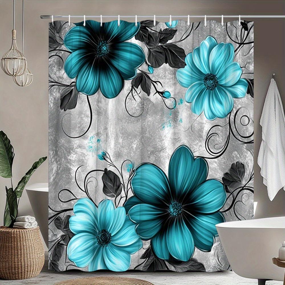 1 Blue Floral Shower Curtain - Turquoise flowers with black leaves on grey background, polyester fabric with hooks