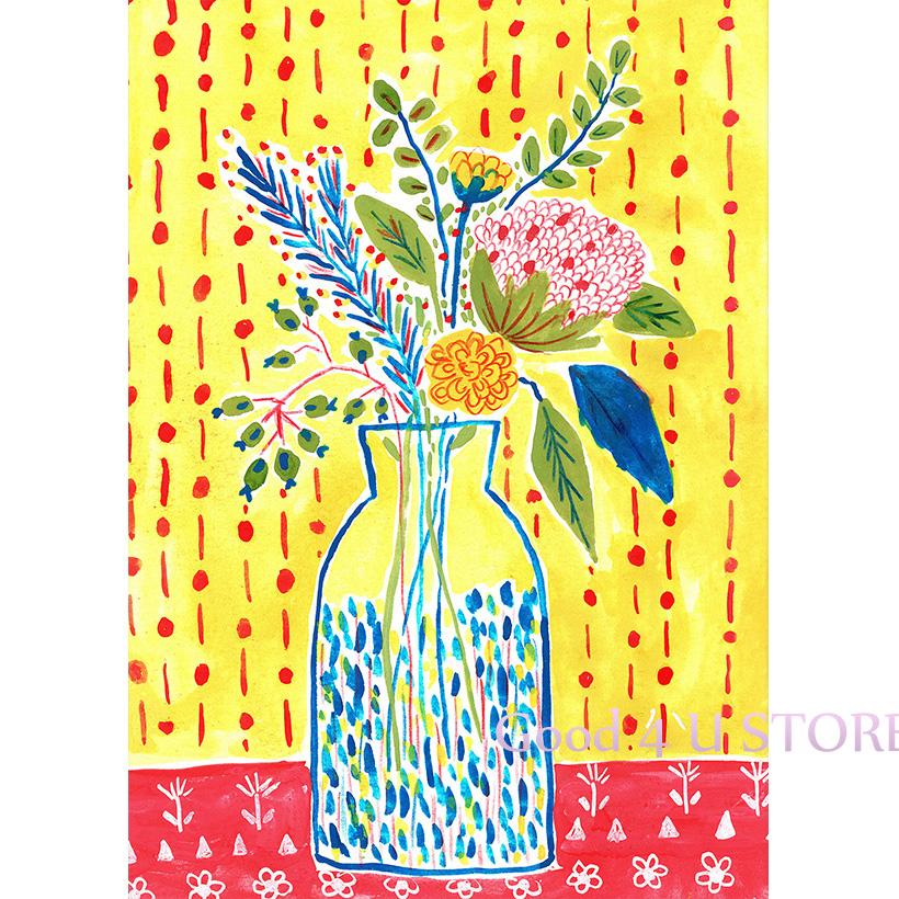 Griechischer Blumenstrauß Pflanzen Granatapfelblüte Dahlie Vase Boho Botanisches Poster Leinwandmalerei Wandkunst Bilder Heimdekor Geschenk