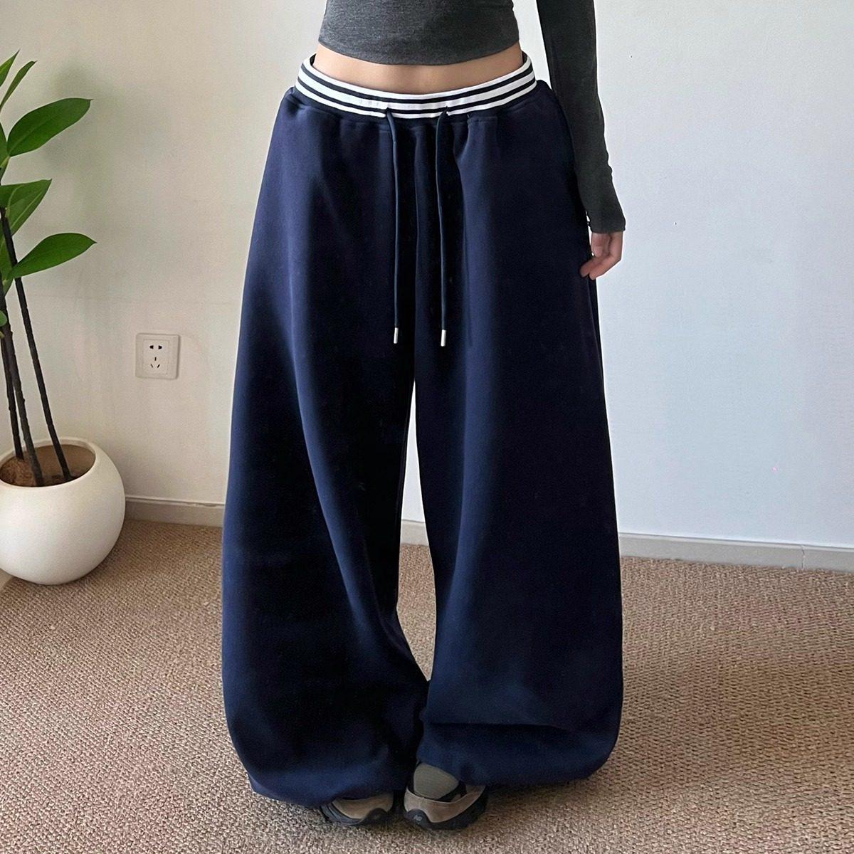 

American Retro Slimming Drawstring Sweatpants - Women s Spring Styling, Lazy, Versatile, Straight & Wide Leg Trend. XL Темно-синій