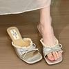 Goose Egg Yellow! Temperament Satin Square Head Word with Lace Sandals Women's Summer and Korean Version Gentle Thick Heel Bow Sandals