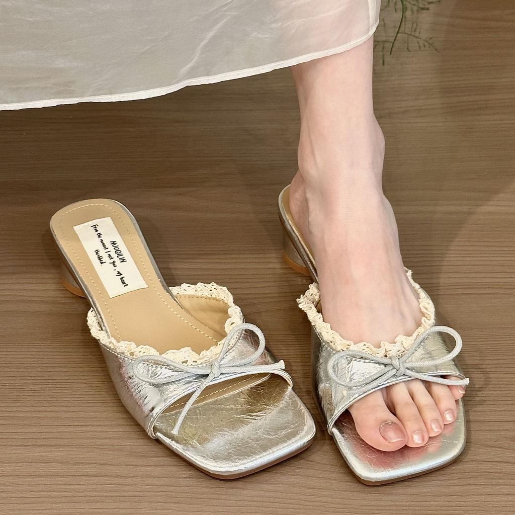 Goose Egg Yellow! Temperament Satin Square Head Word with Lace Sandals Women's Summer and Korean Version Gentle Thick Heel Bow Sandals