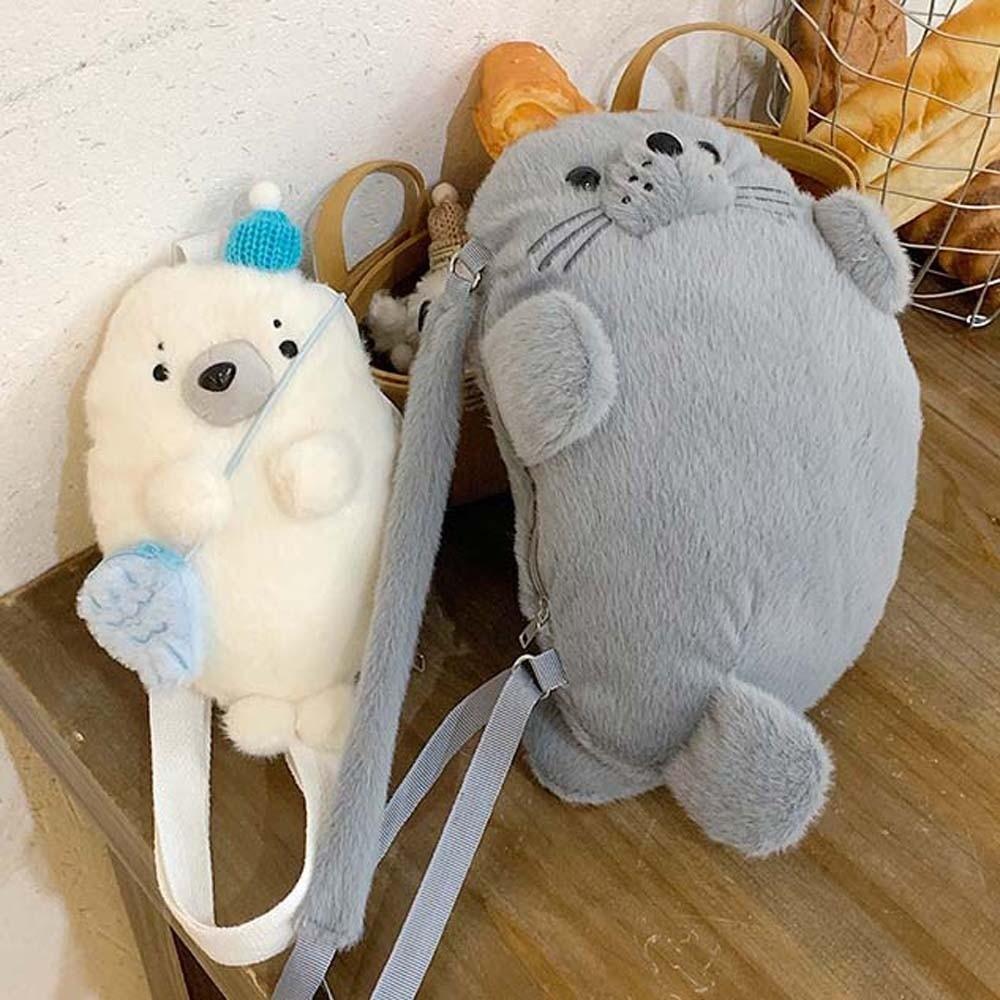 Cute Seal Shoulder Pouch Soft Adjustable Straps Cartoon Seal Handbag Lightweight PP Cotton Furry Animal Chest Bag Girls