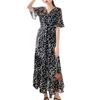 Floral Print Maxi Short Elastic Plus Slimming Effect [andoffer] Women's Dress, Summer, Sleeves, Long, V-Neck, Waist, Sizes, Figure-Flattering, (L)