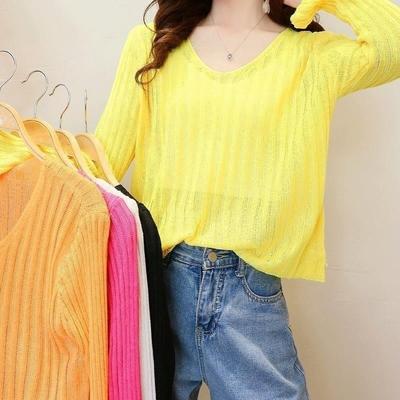Autumn Women's Korean Version V-neck Hollowed Out Long Sleeved Knitted Sweater Loose and Fashionable Pure Short Top