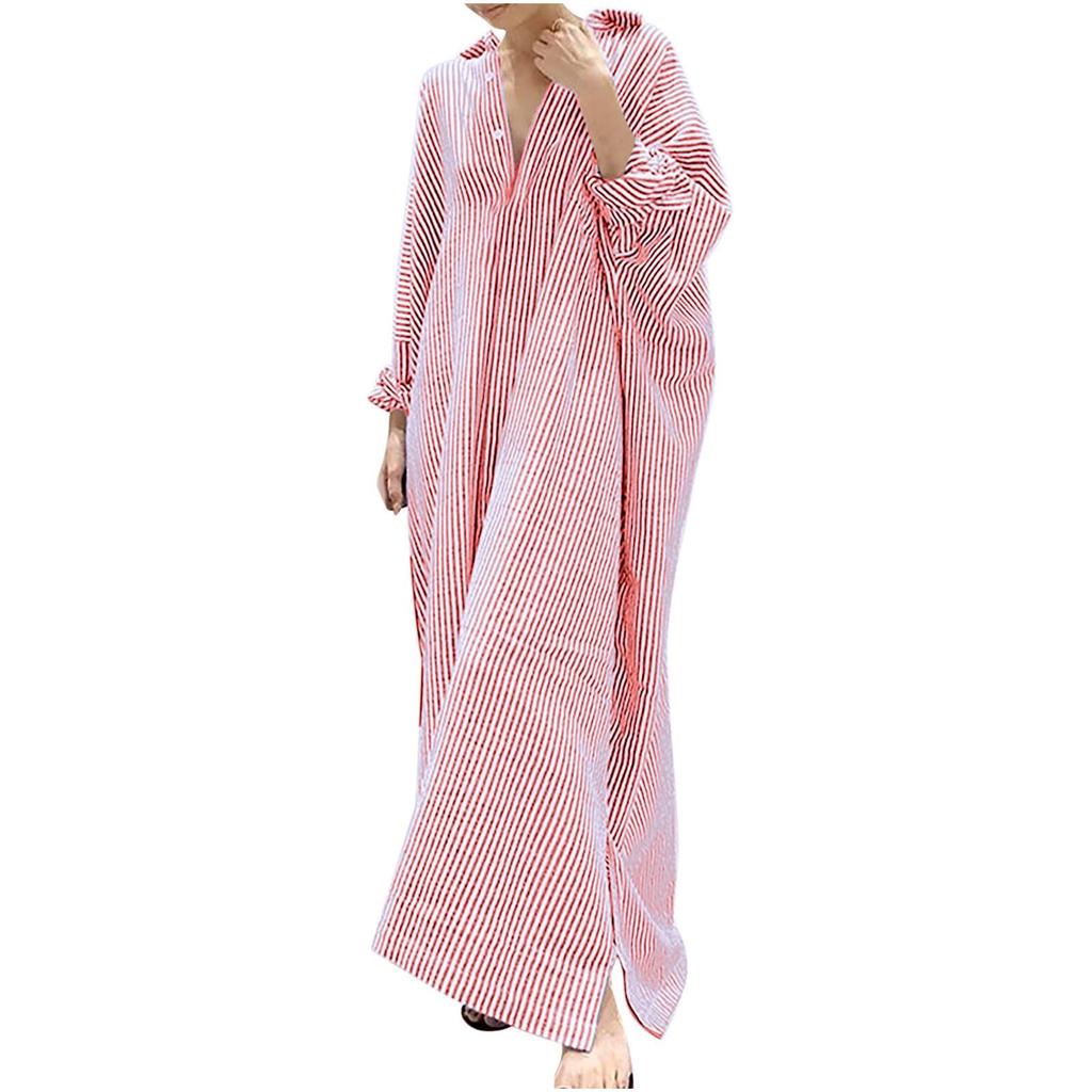 Women's Casual Cotton And Linen Striped Cardigan Loose Temperament Irregular Shirt Dress