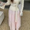 Sweet Petite Slimming Pleated Long Skirt: Lined, Layered, Solid Color, Waist-Cinching Half-Skirt for Women