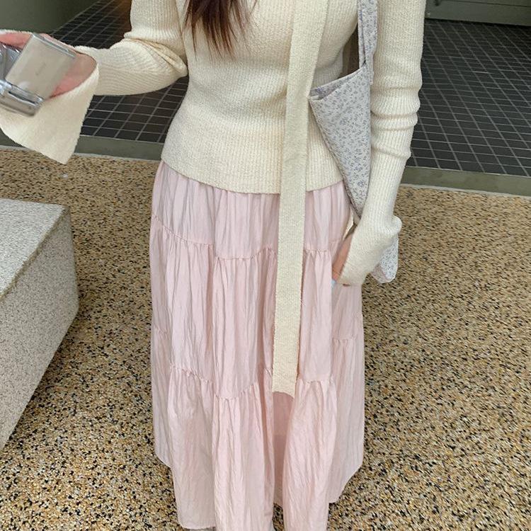 Sweet Petite Slimming Pleated Long Skirt: Lined, Layered, Solid Color, Waist-Cinching Half-Skirt for Women