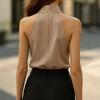 Women Shirt Lapel with Tie Off Shoulder Sleeveless Shirt Tops Pure Color Loose Fit