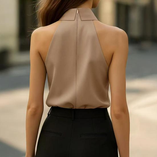 Women Shirt Lapel with Tie Off Shoulder Sleeveless Shirt Tops Pure Color Loose Fit