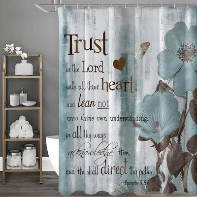 Blue Floral Butterfly Wooden Panel Bible Quote Shower Curtain, Bathroom Decorative Shower Curtain, Waterproof Shower Curtain Wit