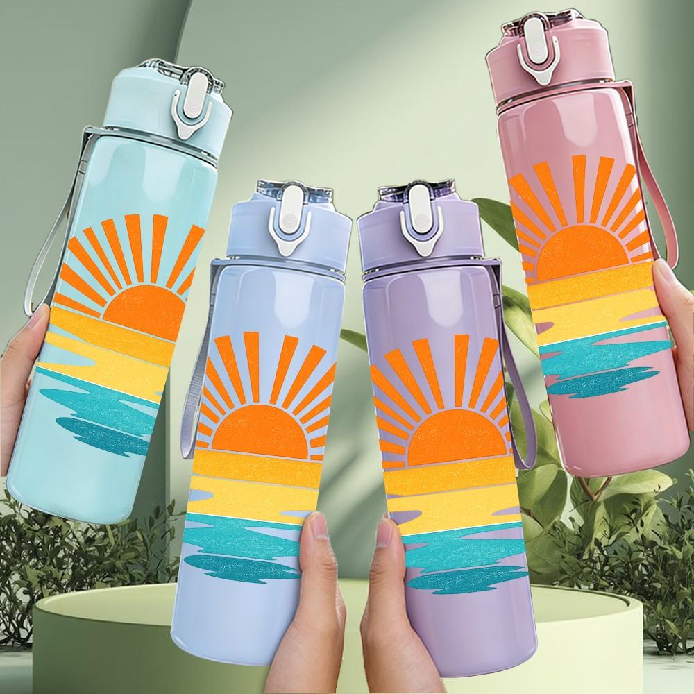 1PC Ocean Sunset Gradient Sun Wave Print 750ml Color Plastic Sports Water Bottle Leakproof Flip Straw Lid Suitable for Sports Office Home Use