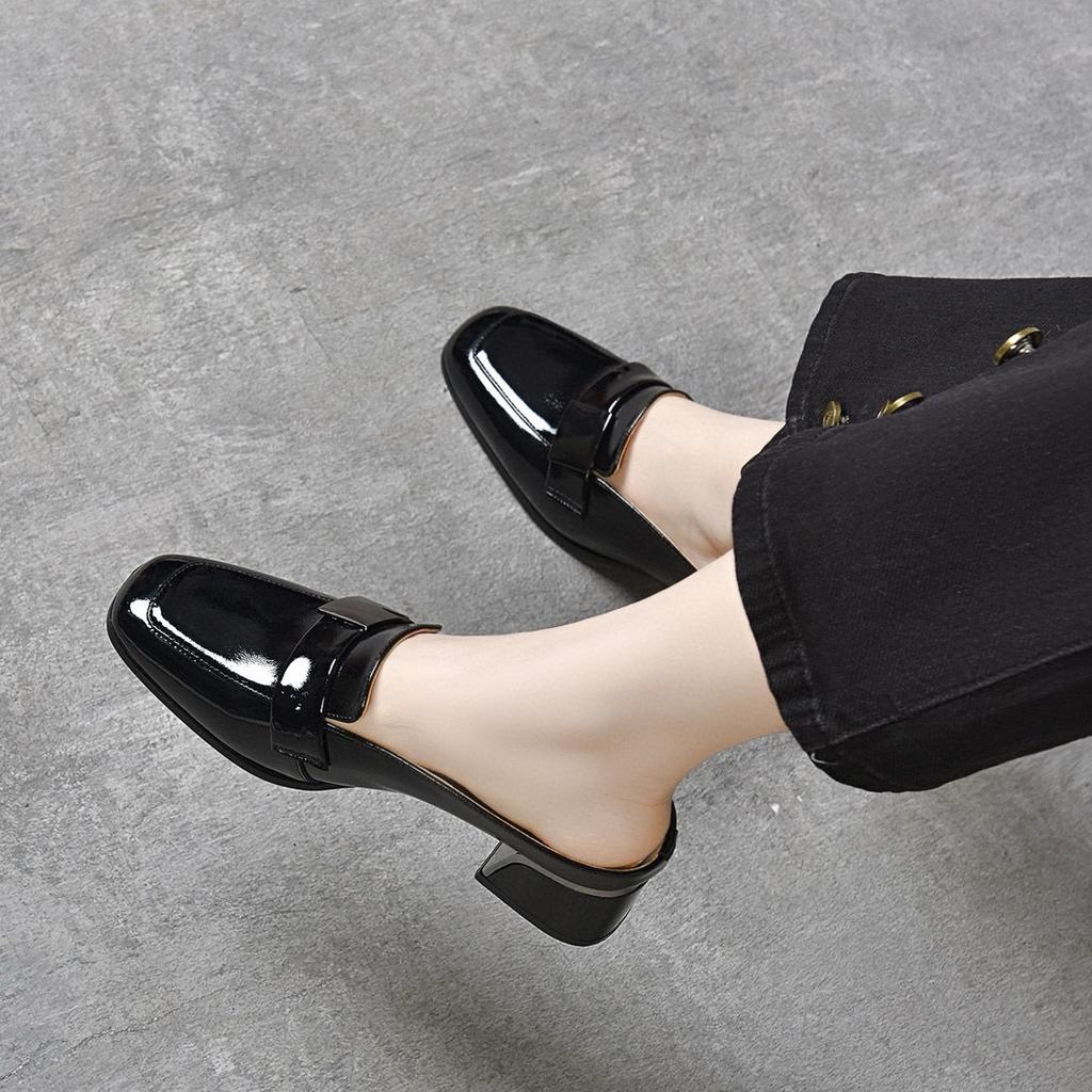 Slippers women's outer wear 2025 summer two heights square buckle cow patent leather low heel bag head half drag square head women's cool slippers
