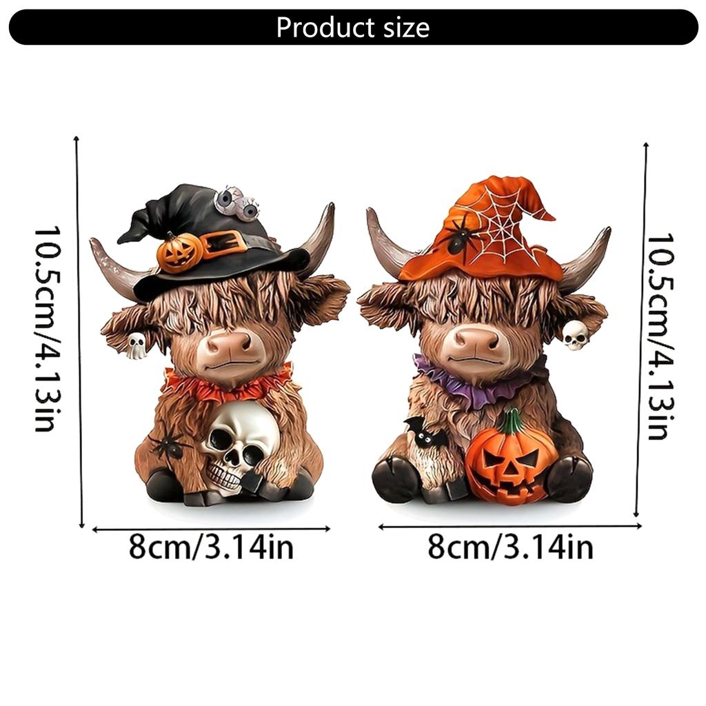 Halloween Highland Cow Holding Skull Pumpkin Resin Statue Festives Home Table Decors Ornament Resin Miniature Sculpture