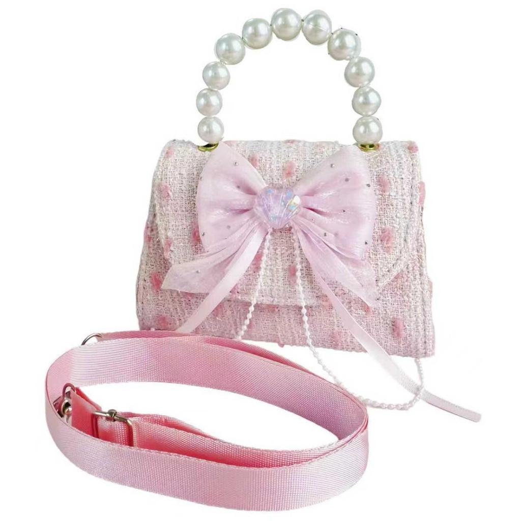 2025 Autumn Cute Girls' Crossbody Bag with Bow and Pearl Detail