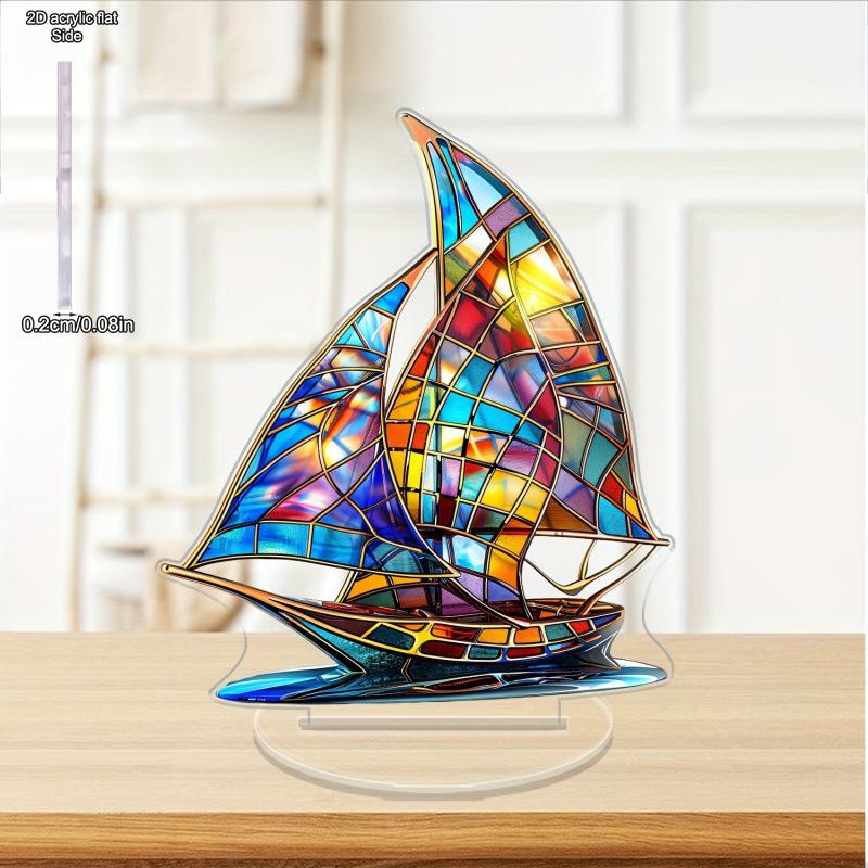 2D Flaches, Buntes Segelboot Acryl Schreibtischdekoration, mit Sockel, Geeignet für Wanddekoration, Veranda, Zimmer, Villa, Akzente Zuhause, Flur, oder Arbeitsplatz